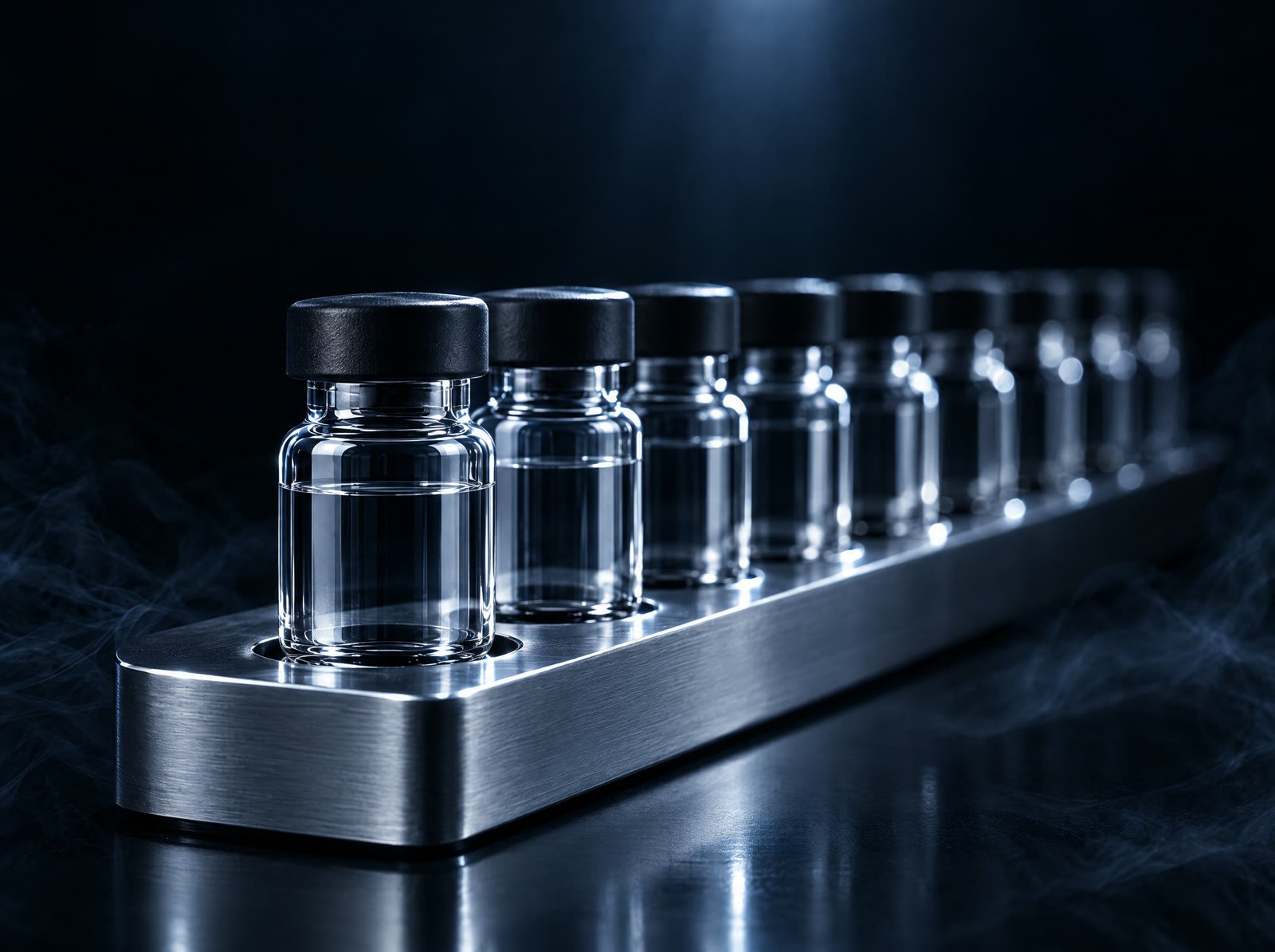 Sample vials lined up in a lab instrument tray
