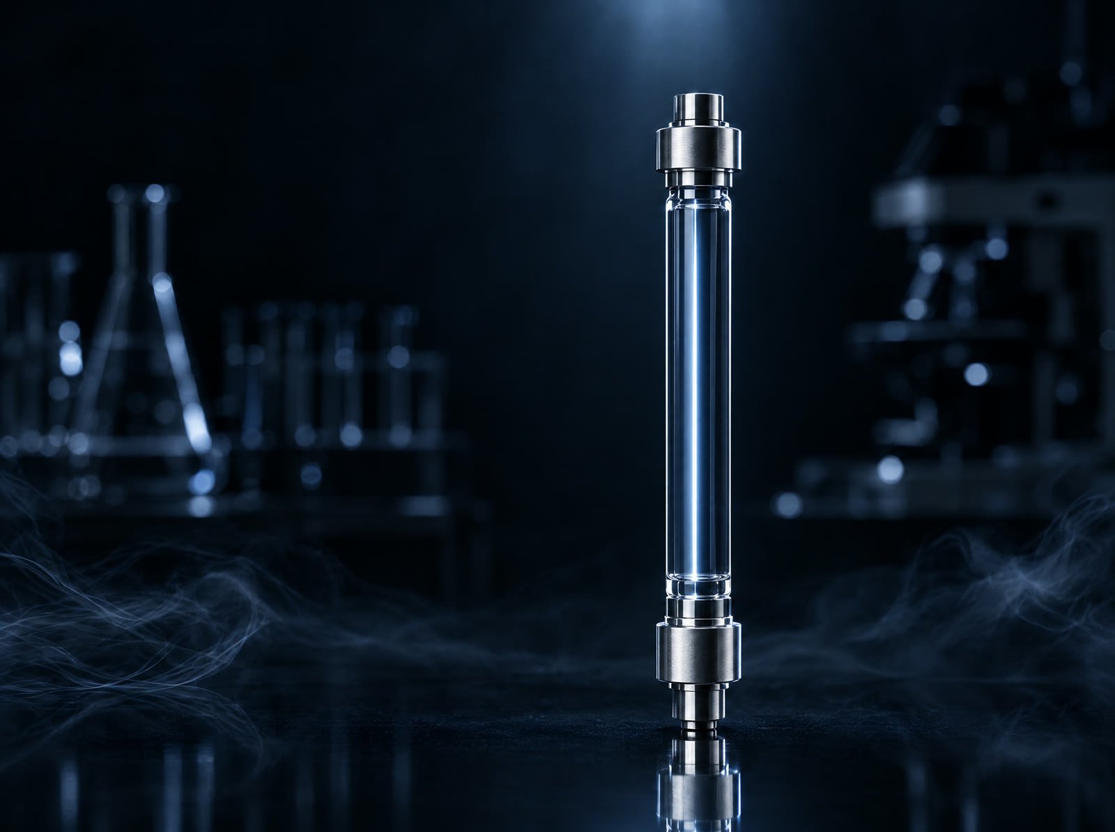 A glass lab column lit in a dark laboratory